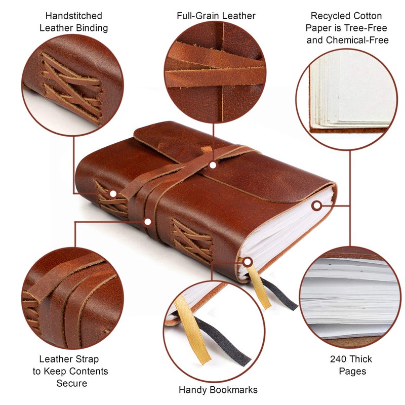 Wanderings Leather Bound Journal with White Paper , 7"x5", 240 Pages â€“ Handmade Genuine Leather Notebook with Blank Pages â€“ Travel Notebook Writing, Drawing, as Sketchbook, Gift for Writers, Women and Men - Image 3